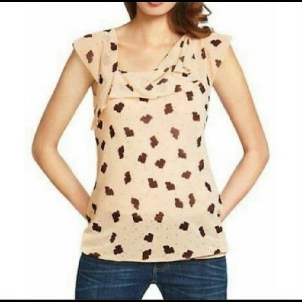 CABI blouse womens cream brown Playfall Me sheer short sleeveblouse xsmall